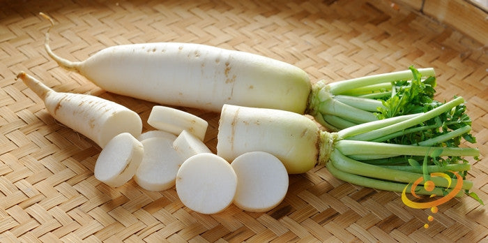 Japanese Minowase Daikon radish seeds from SeedsNow, showcasing large, white radish roots ideal for planting and cultivation.