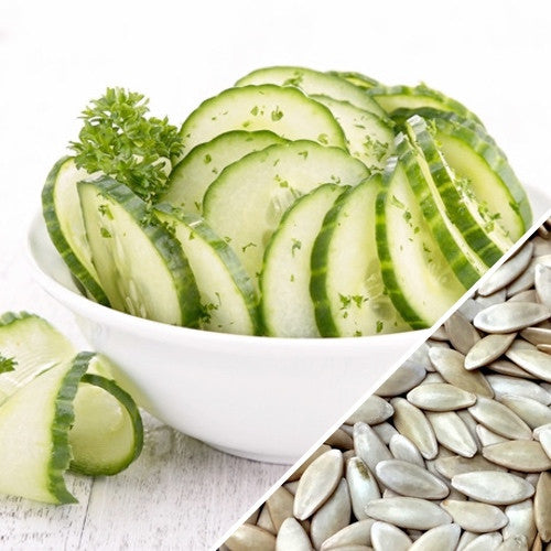 Everbearing cucumber seeds from SeedsNow, showing fresh green cucumber seedlings on a garden background.