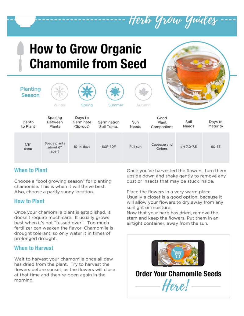 Free organic gardening grow guides eBook featuring chamomile flowers, provided by SeedsNow.com.
